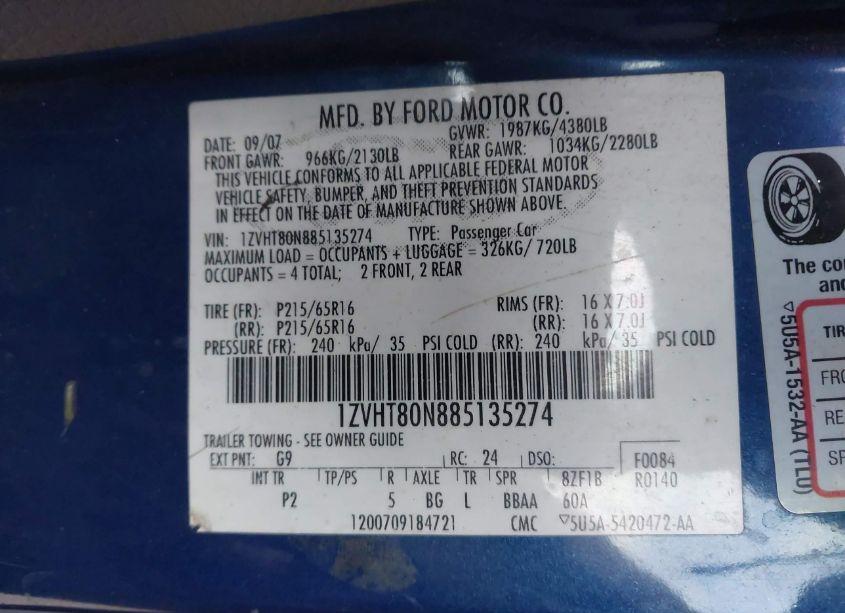 Photo 9 of 2008 Ford Mustang V6 DELUXE/V6 PREMIUM (VIN 1ZVHT80N885135274)