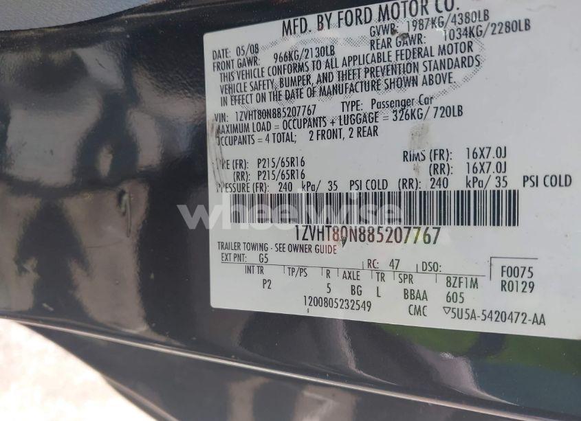 Photo 9 of 2008 Ford Mustang V6 DELUXE/V6 PREMIUM (VIN 1ZVHT80N885207767)