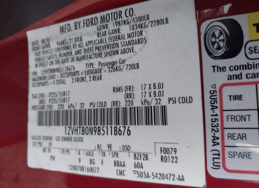 Photo 9 of 2008 Ford Mustang V6 DELUXE/V6 PREMIUM (VIN 1ZVHT80N985118676)