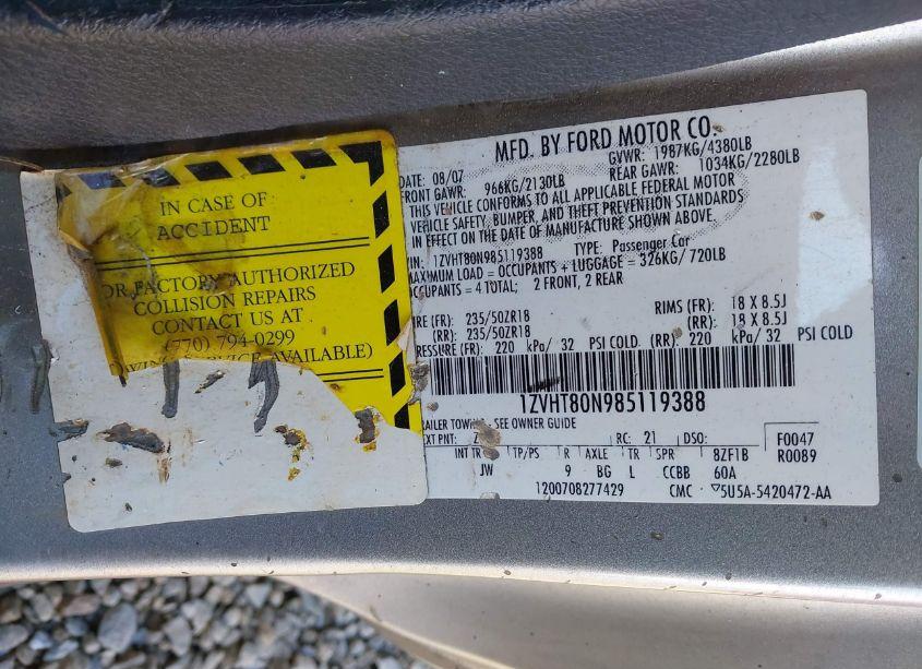 Photo 9 of 2008 Ford Mustang V6 DELUXE/V6 PREMIUM (VIN 1ZVHT80N985119388)