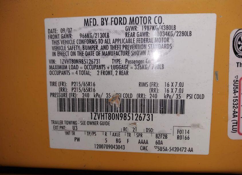 Photo 9 of 2008 Ford Mustang V6 DELUXE (VIN 1ZVHT80N985126731)