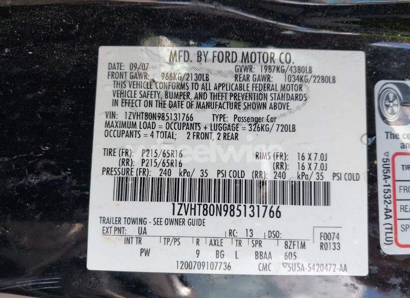 Photo 9 of 2008 Ford Mustang V6 DELUXE/V6 PREMIUM (VIN 1ZVHT80N985131766)