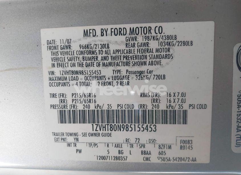 Photo 9 of 2008 Ford Mustang V6 DELUXE/V6 PREMIUM (VIN 1ZVHT80N985155453)