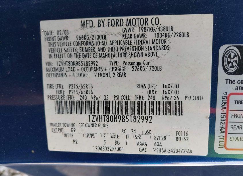 Photo 9 of 2008 Ford Mustang V6 DELUXE/V6 PREMIUM (VIN 1ZVHT80N985182992)