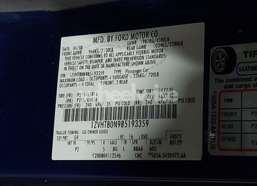 Photo 9 of 2008 Ford Mustang V6 DELUXE/V6 PREMIUM (VIN 1ZVHT80N985193359)