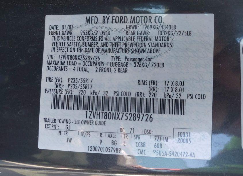 Photo 9 of 2007 Ford Mustang V6 DELUXE/V6 PREMIUM (VIN 1ZVHT80NX75289726)