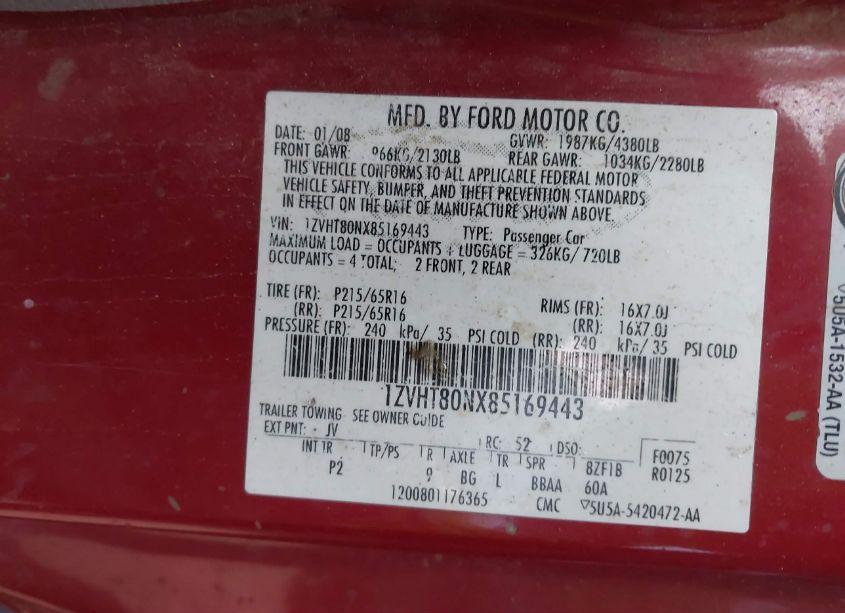 Photo 9 of 2008 Ford Mustang V6 DELUXE/V6 PREMIUM (VIN 1ZVHT80NX85169443)