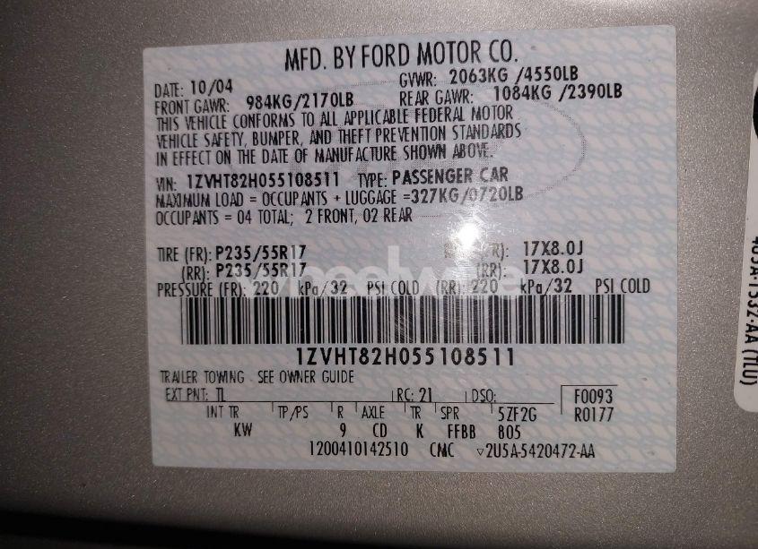 Photo 9 of 2005 Ford Mustang GT DELUXE/GT PREMIUM (VIN 1ZVHT82H055108511)