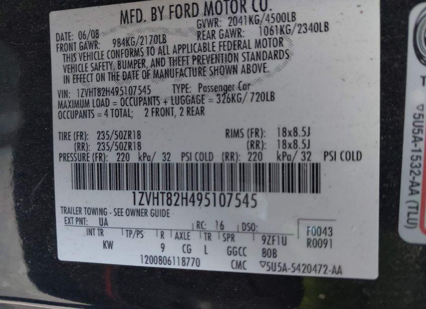 Photo 9 of 2009 Ford Mustang GT/GT PREMIUM (VIN 1ZVHT82H495107545)