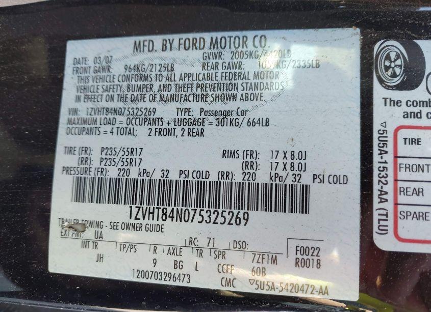 Photo 9 of 2007 Ford Mustang V6 DELUXE/V6 PREMIUM (VIN 1ZVHT84N075325269)