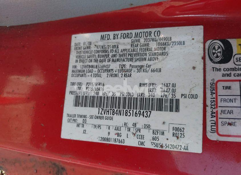 Photo 9 of 2008 Ford Mustang V6 DELUXE/V6 PREMIUM (VIN 1ZVHT84N185169437)