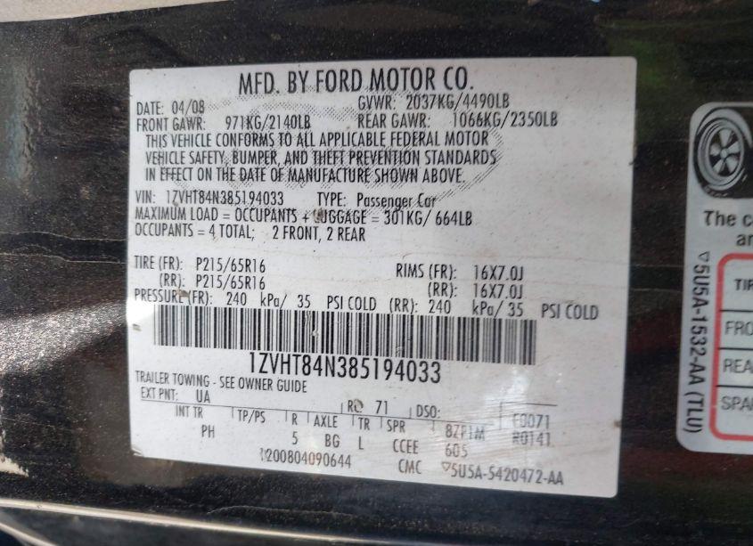 Photo 9 of 2008 Ford Mustang V6 DELUXE (VIN 1ZVHT84N385194033)