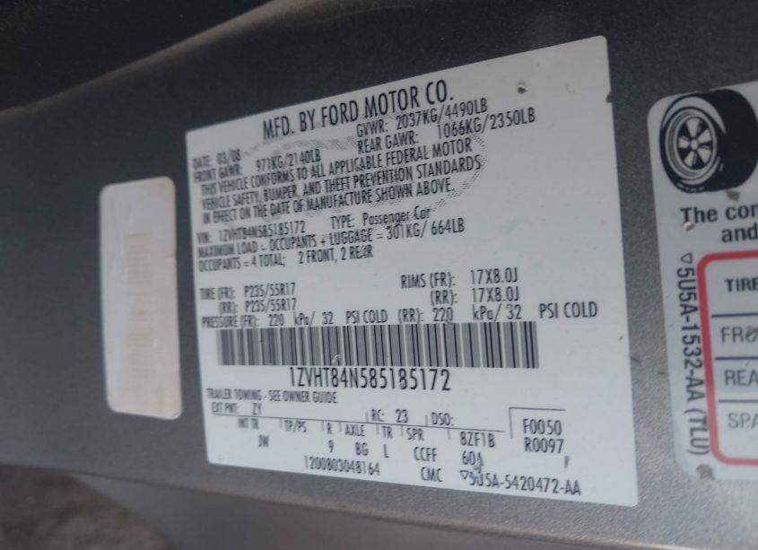 Photo 9 of 2008 Ford Mustang V6 DELUXE/V6 PREMIUM (VIN 1ZVHT84N585185172)