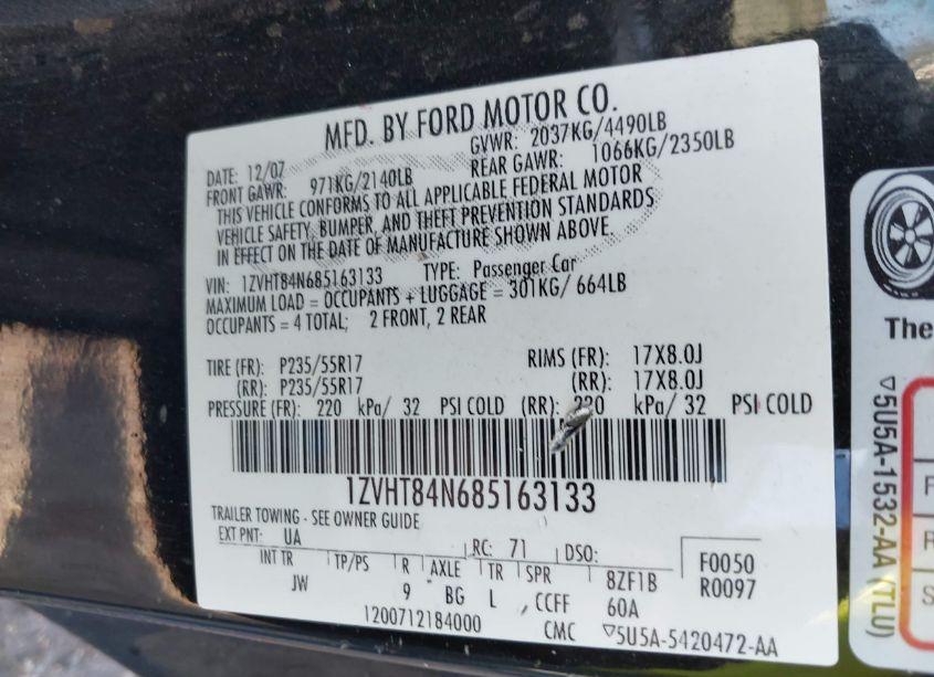 Photo 9 of 2008 Ford Mustang V6 DELUXE/V6 PREMIUM (VIN 1ZVHT84N685163133)