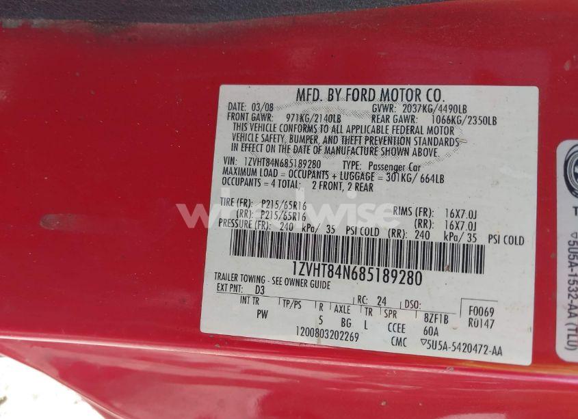Photo 9 of 2008 Ford Mustang V6 DELUXE/V6 PREMIUM (VIN 1ZVHT84N685189280)