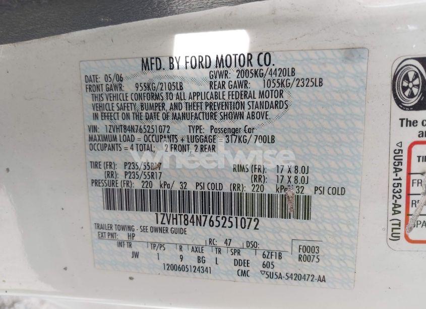 Photo 9 of 2006 Ford Mustang V6 (VIN 1ZVHT84N765251072)