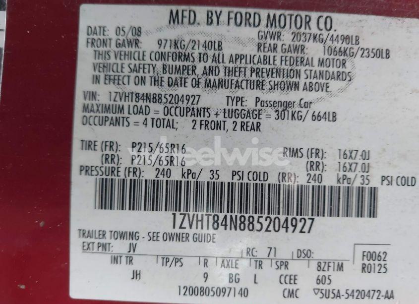 Photo 9 of 2008 Ford Mustang V6 DELUXE/V6 PREMIUM (VIN 1ZVHT84N885204927)