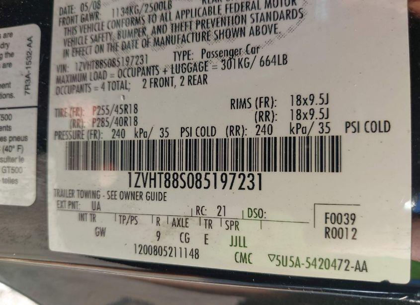 Photo 9 of 2008 Ford Shelby GT500 (VIN 1ZVHT88S085197231)