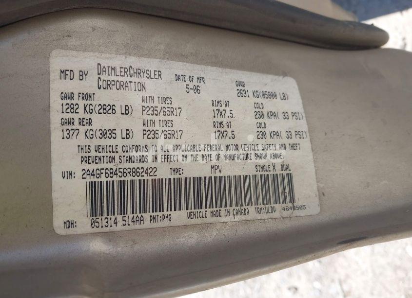 Photo 9 of 2006 Chrysler Pacifica TOURING (VIN 2A4GF68456R862422)