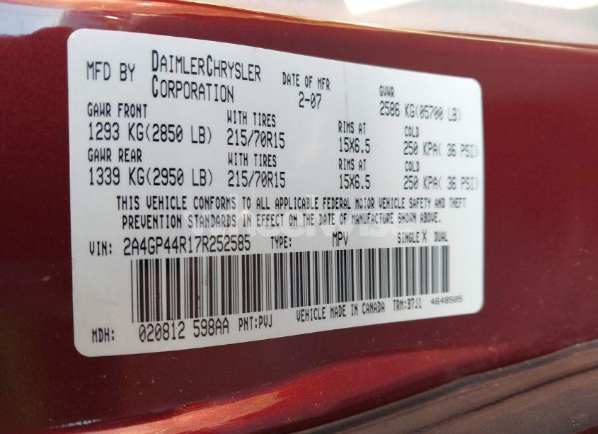 Photo 9 of 2007 Chrysler Town & COUNTRY LX (VIN 2A4GP44R17R252585)