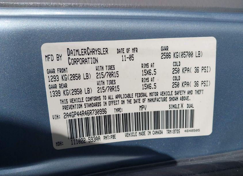 Photo 9 of 2006 Chrysler Town & COUNTRY LX (VIN 2A4GP44R46R730996)