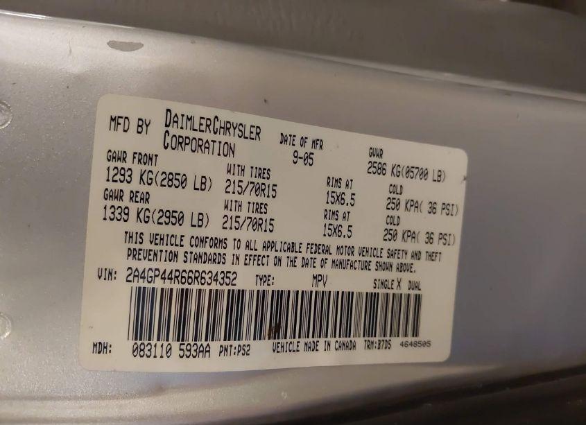 Photo 9 of 2006 Chrysler Town & COUNTRY LX (VIN 2A4GP44R66R634352)