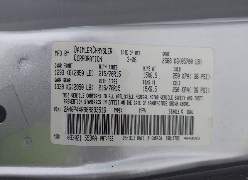 Photo 9 of 2006 Chrysler Town & COUNTRY LX (VIN 2A4GP44R86R833516)