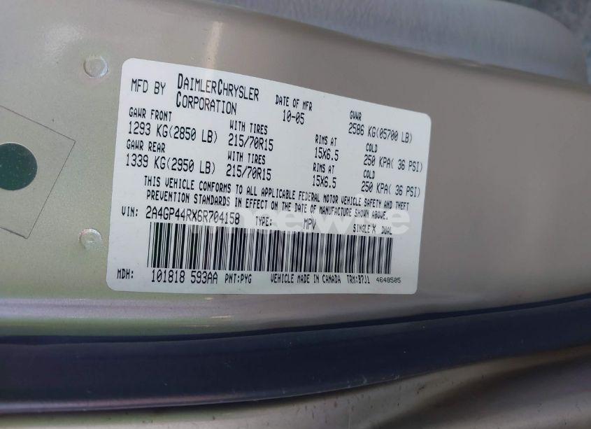 Photo 9 of 2006 Chrysler Town & COUNTRY LX (VIN 2A4GP44RX6R704158)