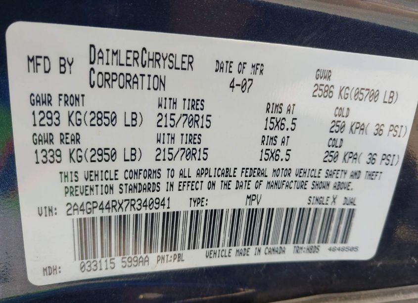 Photo 9 of 2007 Chrysler Town & COUNTRY LX (VIN 2A4GP44RX7R340941)