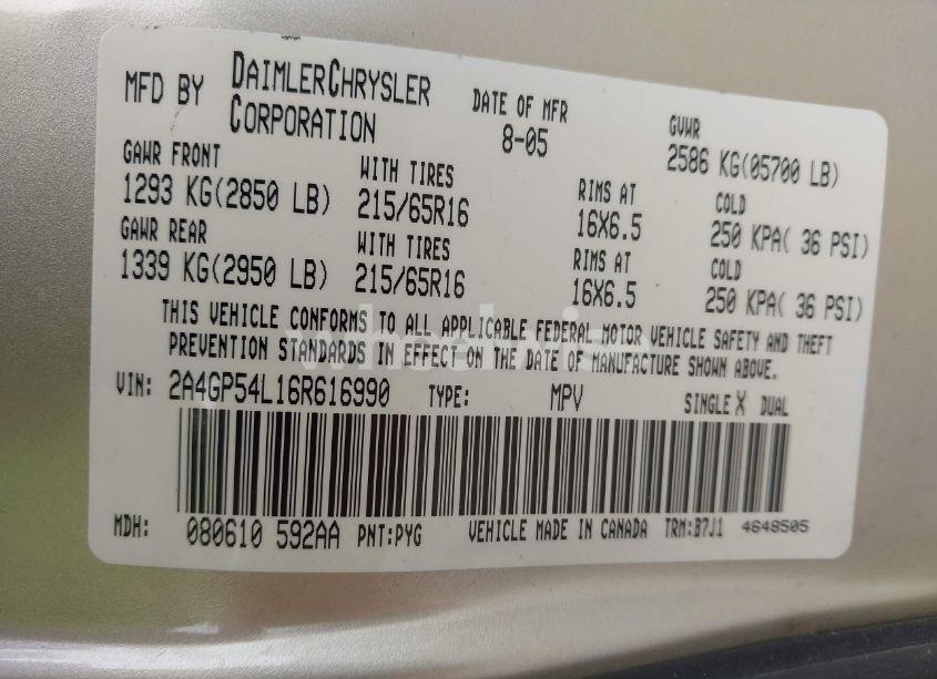 Photo 9 of 2006 Chrysler Town & COUNTRY TOURING (VIN 2A4GP54L16R616990)
