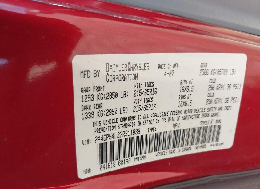 Photo 9 of 2007 Chrysler Town & COUNTRY TOURING (VIN 2A4GP54L27R311838)