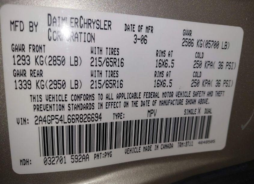 Photo 9 of 2006 Chrysler Town & COUNTRY TOURING (VIN 2A4GP54L66R826694)