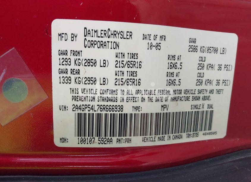 Photo 9 of 2006 Chrysler Town & COUNTRY TOURING (VIN 2A4GP54L76R666938)