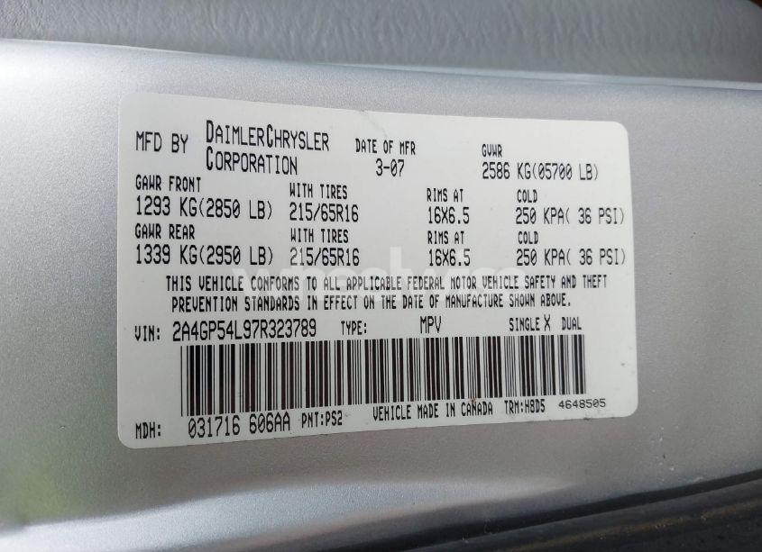 Photo 9 of 2007 Chrysler Town & COUNTRY TOURING (VIN 2A4GP54L97R323789)