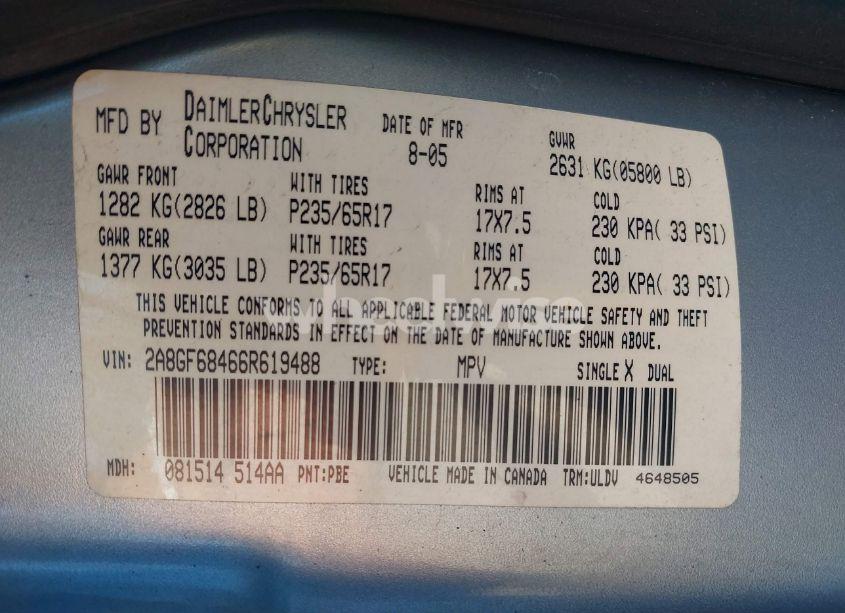 Photo 9 of 2006 Chrysler Pacifica TOURING (VIN 2A8GF68466R619488)