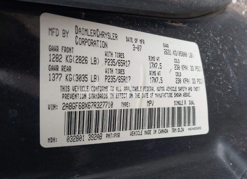 Photo 9 of 2007 Chrysler Pacifica TOURING (VIN 2A8GF68X67R327710)
