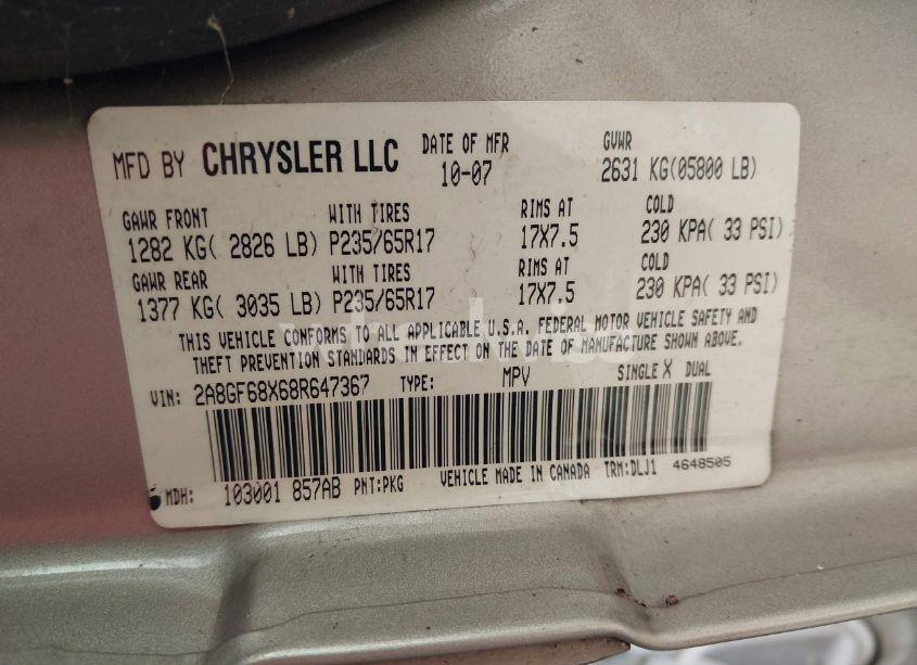 Photo 9 of 2008 Chrysler Pacifica TOURING (VIN 2A8GF68X68R647367)