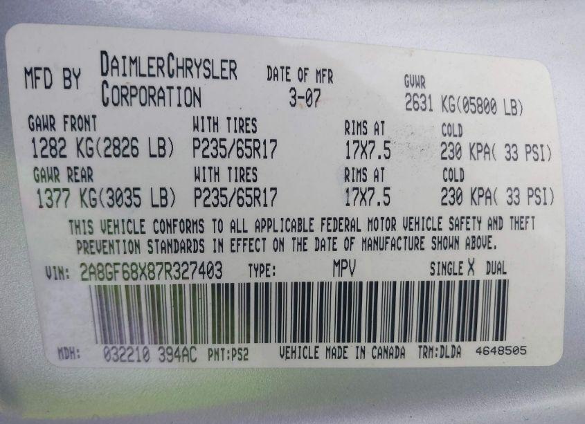 Photo 9 of 2007 Chrysler Pacifica TOURING (VIN 2A8GF68X87R327403)