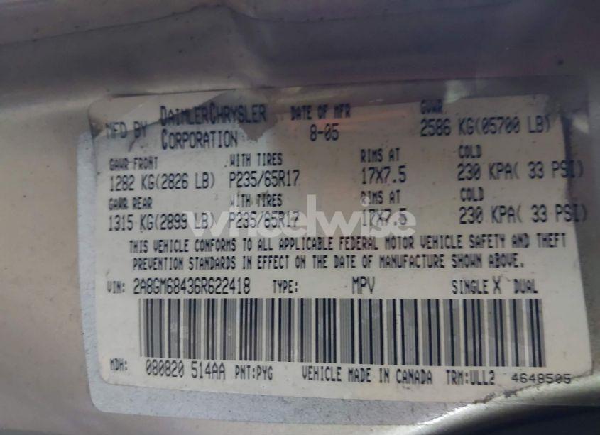 Photo 9 of 2006 Chrysler Pacifica TOURING (VIN 2A8GM68436R622418)