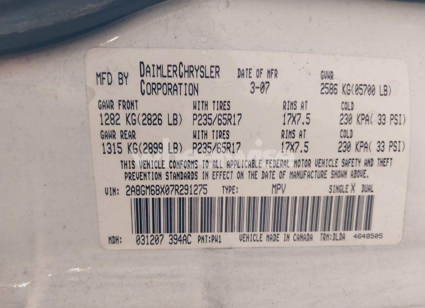 Photo 9 of 2007 Chrysler Pacifica TOURING (VIN 2A8GM68X07R291275)