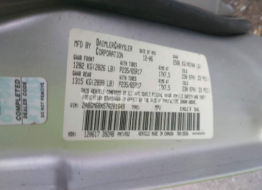 Photo 9 of 2007 Chrysler Pacifica TOURING (VIN 2A8GM68X57R201649)