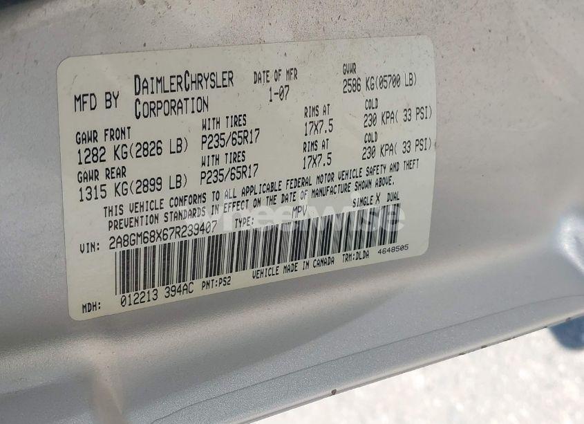 Photo 9 of 2007 Chrysler Pacifica TOURING (VIN 2A8GM68X67R239407)