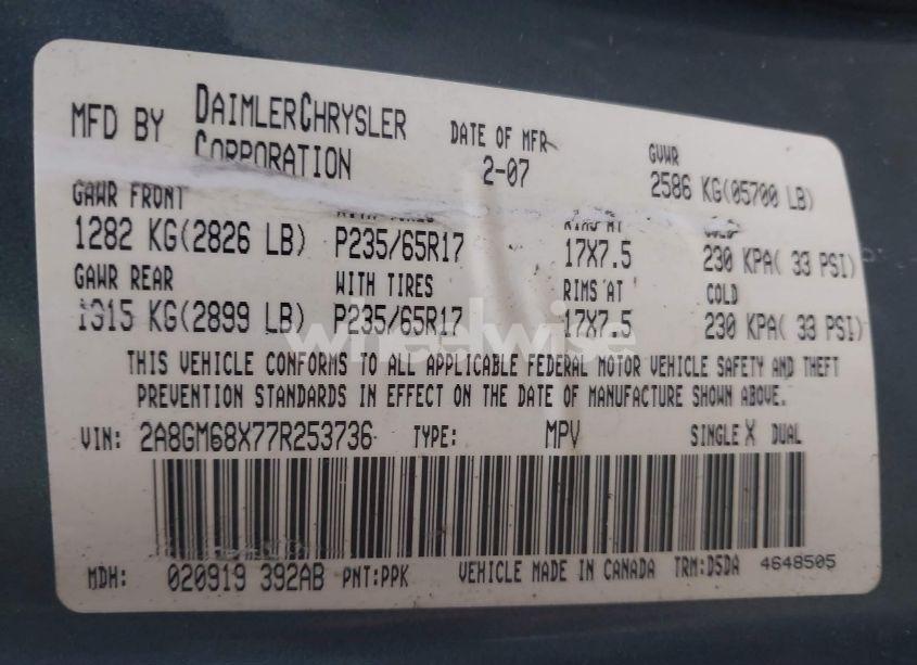 Photo 9 of 2007 Chrysler Pacifica TOURING (VIN 2A8GM68X77R253736)