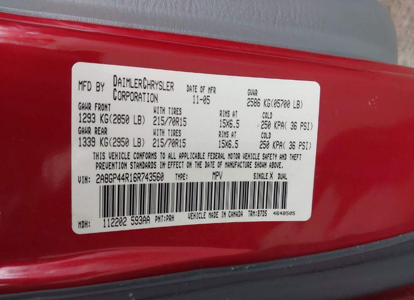 Photo 9 of 2006 Chrysler Town & COUNTRY LX (VIN 2A8GP44R16R743560)