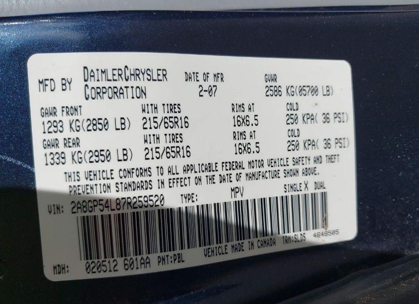 Photo 9 of 2007 Chrysler Town & COUNTRY TOURING (VIN 2A8GP54L87R259520)