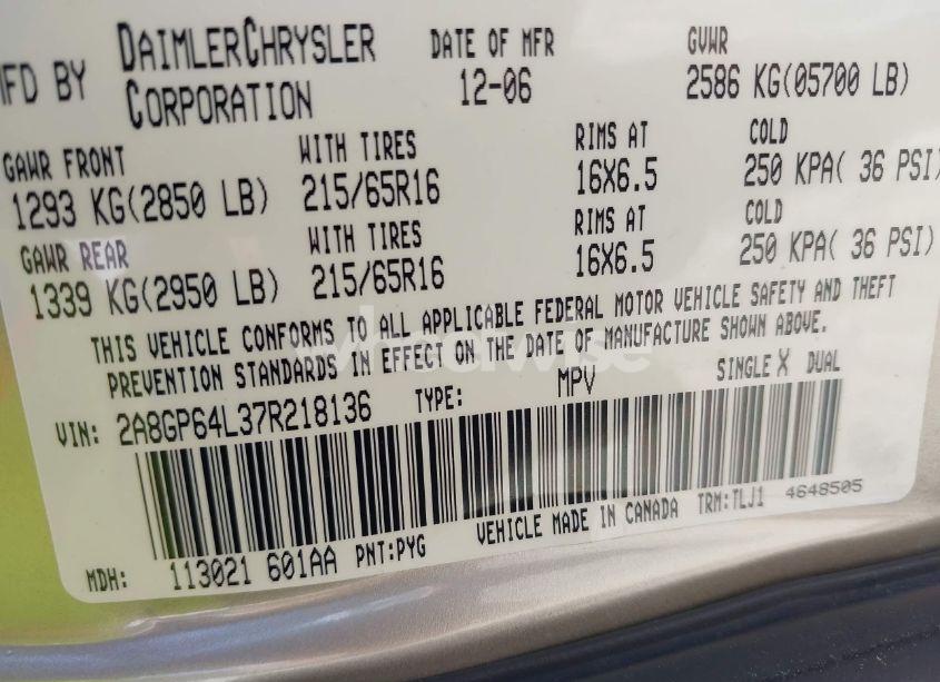 Photo 9 of 2007 Chrysler Town & COUNTRY LIMITED (VIN 2A8GP64L37R218136)