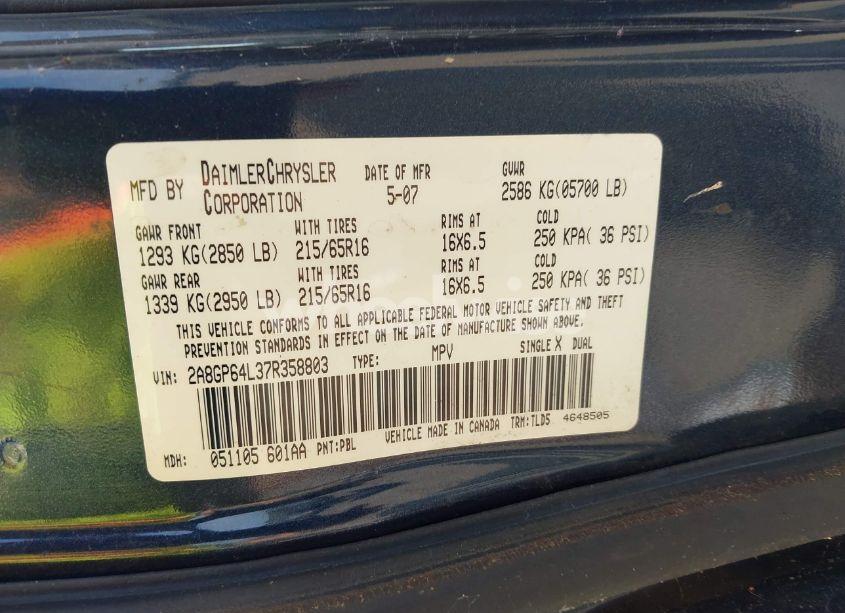 Photo 9 of 2007 Chrysler Town & COUNTRY LIMITED (VIN 2A8GP64L37R358803)