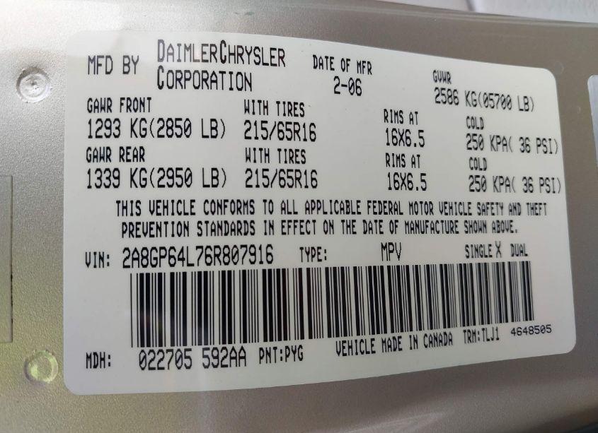 Photo 9 of 2006 Chrysler Town & COUNTRY LIMITED (VIN 2A8GP64L76R807916)