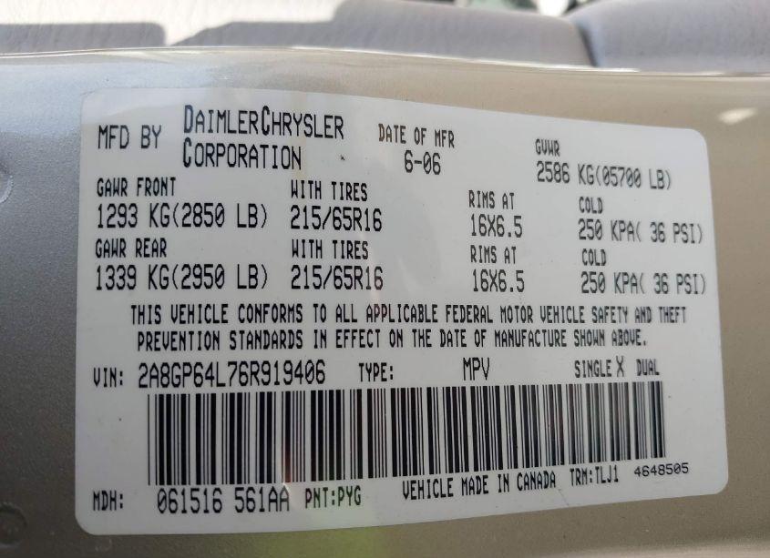 Photo 9 of 2006 Chrysler Town & COUNTRY LIMITED (VIN 2A8GP64L76R919406)