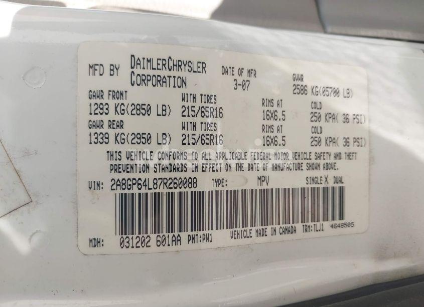 Photo 9 of 2007 Chrysler Town & COUNTRY LIMITED (VIN 2A8GP64L87R260088)